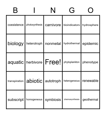 8th Grade Science Vocabulary Bingo Card