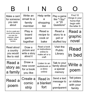 Literacy Week Bingo - Family Edition Bingo Card