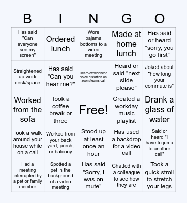 Remote Work Bingo Card