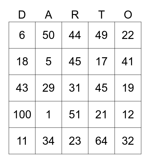 DART BINGO Card