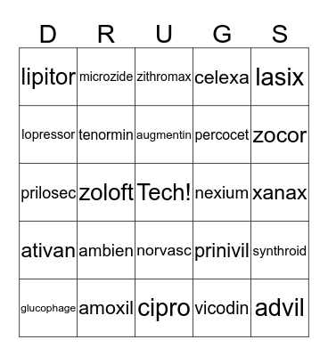 Drug Bingo Card