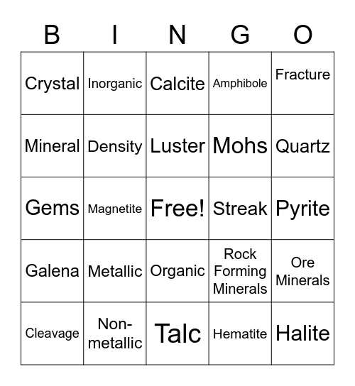 Mineral Bingo Card
