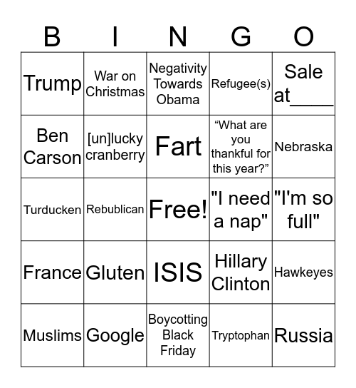 Thanksgiving Bingo Card