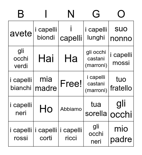 Avere, Adjectives, Possessive Pronouns Bingo Card