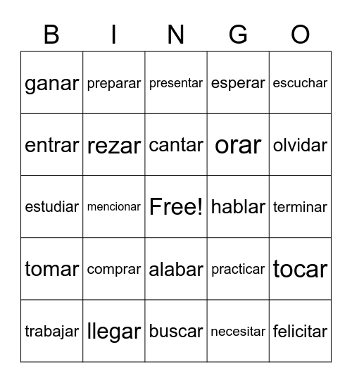 AR Verbs Bingo Card