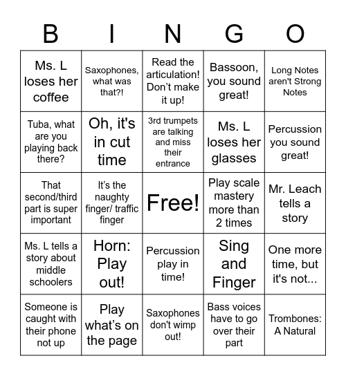 Band Room Bingo Card