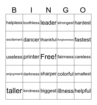 SUFFIXES Bingo Card