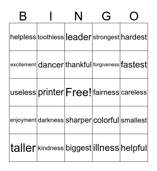 SUFFIXES Bingo Card