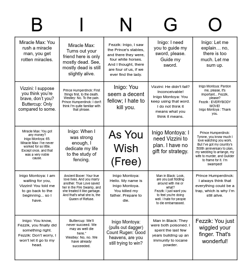 Princess Bride Virtue Spot Bingo Card