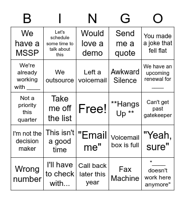 Cold Call Bingo Card