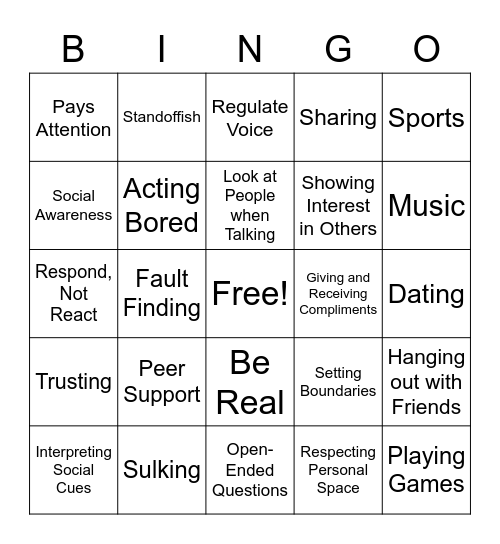 Social Skills Bingo Card