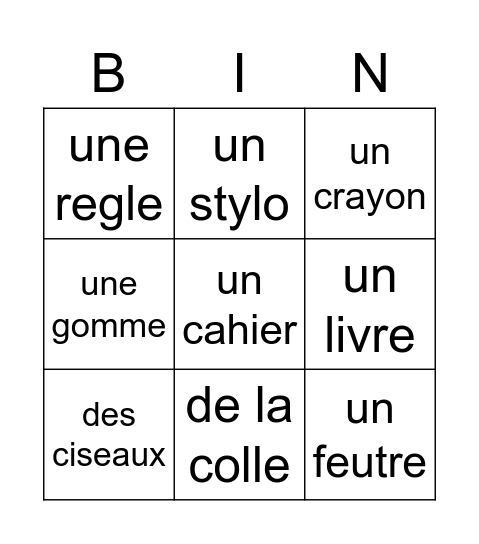 Les Objets de la salle de classe Bingo Card