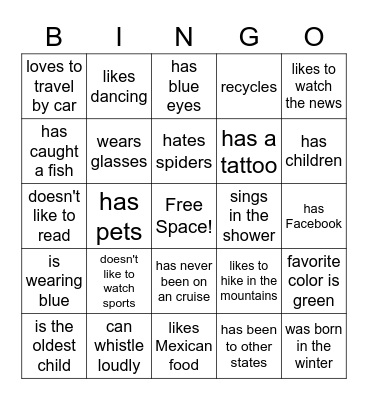 Adult ESL Bingo Card