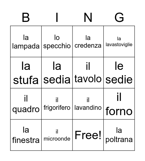 La Cucina e La Sala da Pranzo Bingo Card