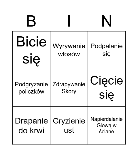 Bingo Autoagresji Bingo Card