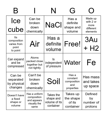 Matter Classification & States of Matter Bingo Card