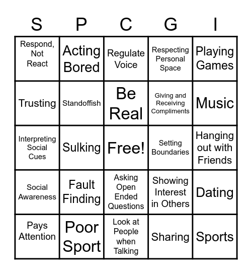 Social Skills Bingo Card