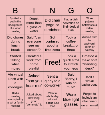Remote Work Bingo Card