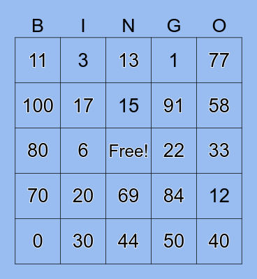 numeros 1-20 Bingo Card