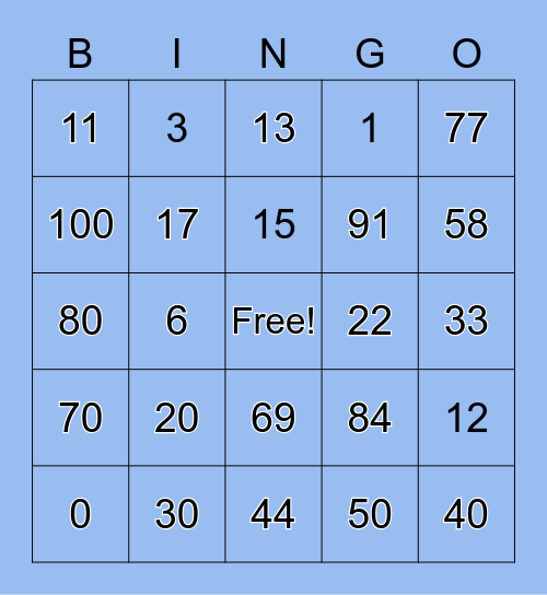 numeros 1-20 Bingo Card