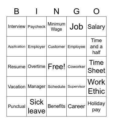 Vocational Bingo Card