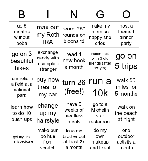 Jennie's 2023 Bingo Card