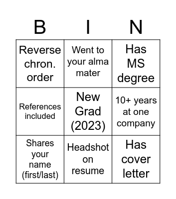 Resume Alert BIN(GO) Bingo Card