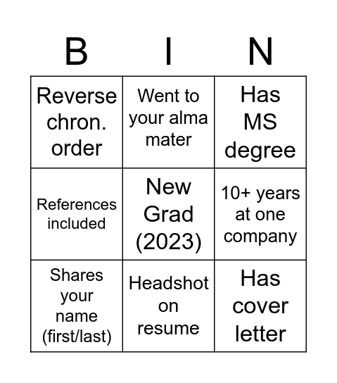 Resume Alert BIN(GO) Bingo Card