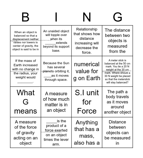 Gravity Review Bingo Card