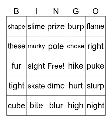 -own, VCe, igh, ur Bingo Card