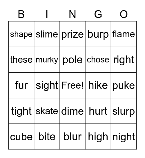 -own, VCe, igh, ur Bingo Card