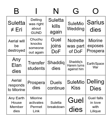 The Witch From Mercury Season 2 Bingo Card