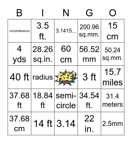 Radius and Diameter (and more)  Bingo Card