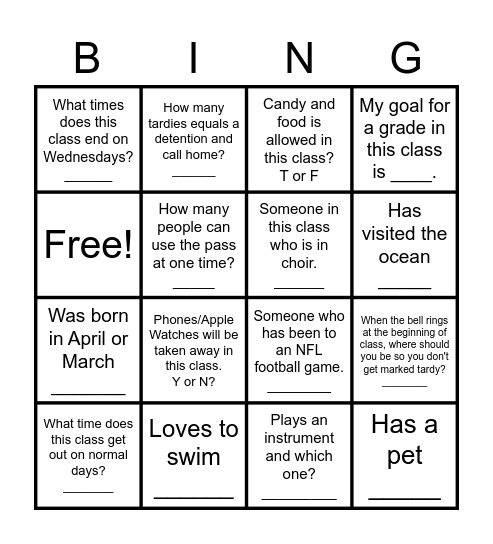 JAMS Music 7 Classroom BINGO Card