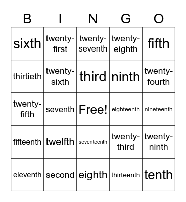 Ordinal Number Words 1st - 31st Bingo Card