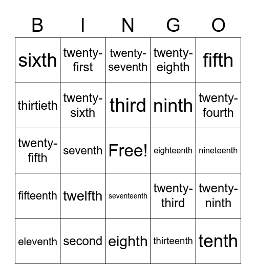 Ordinal Number Words 1st - 31st Bingo Card