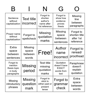 Essay Bingo Card
