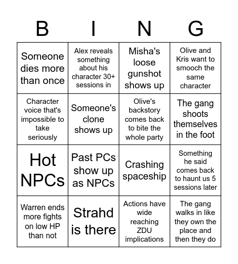 David Game Bingo Card