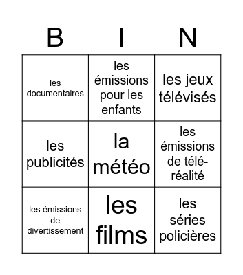tv programmes - émissions Bingo Card