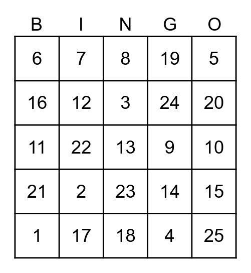Number 1-25 Bingo Card