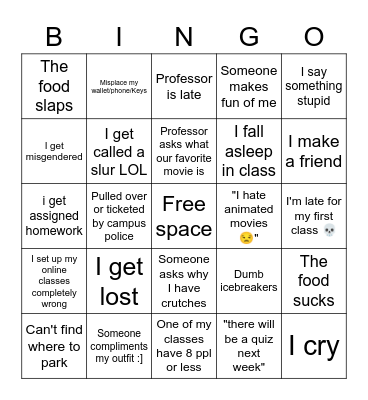 First day of college Bingo Card