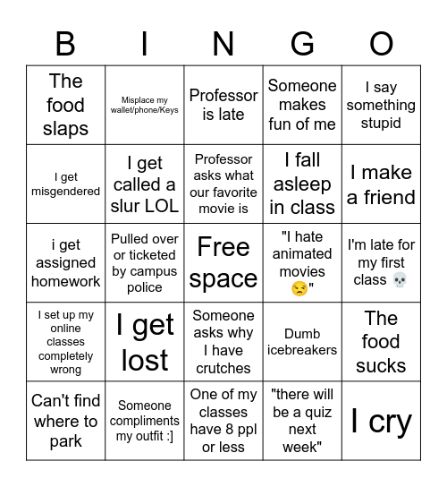 First day of college Bingo Card