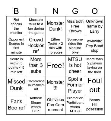 Blue Raider Basketball Bingo Card