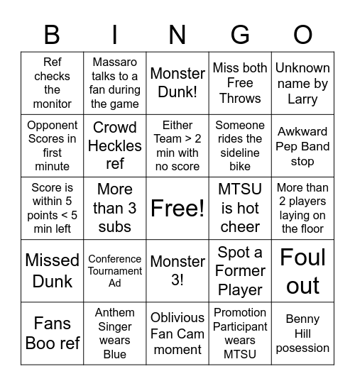 Blue Raider Basketball Bingo Card