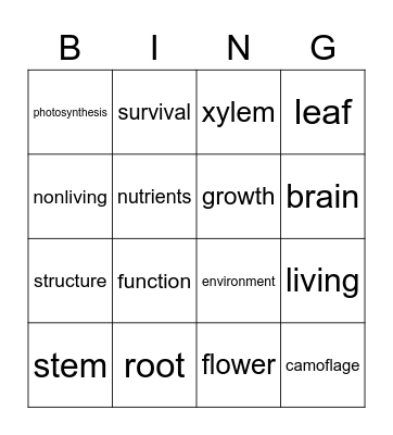 Plants & Animals Vocabulary Bingo Card