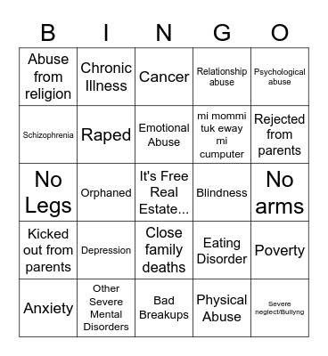 Childhood Trauma Bingo Card