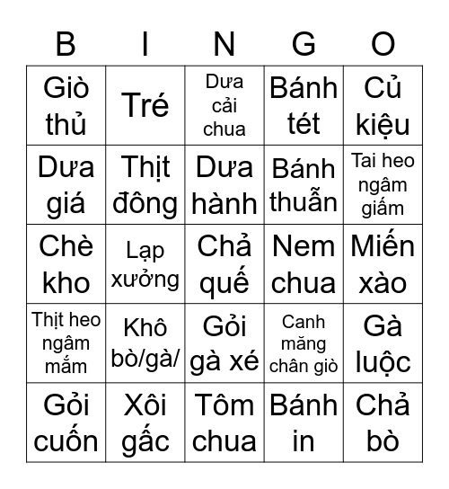 Món ăn TẾT Việt Nam Bingo Card