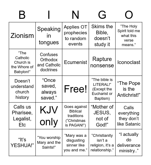 Protestant Bingo Card