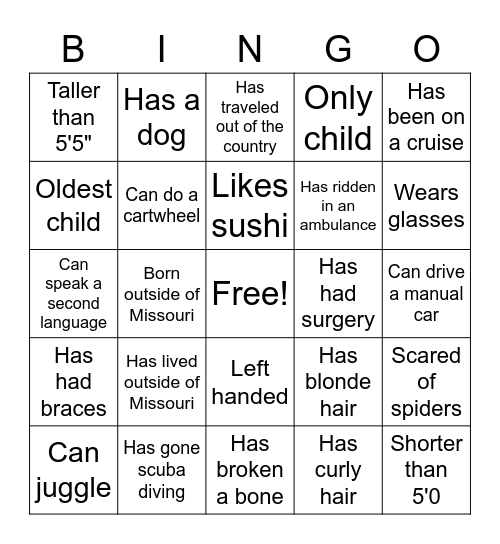 Get to know you Bingo Card