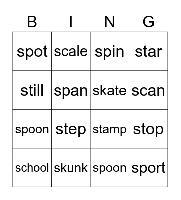 sp, st, sk, sc Bingo Card